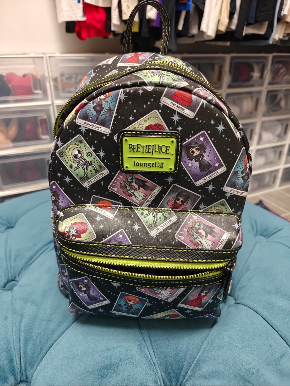 Loungefly Beetlejuice Black Mini Backpack with Neon Yellow Trim